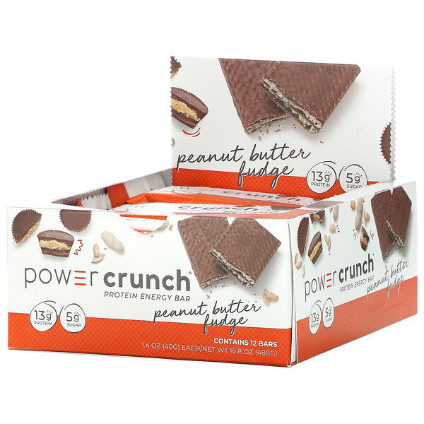 Power Crunch, barra energética proteínica, Mantequilla de Maní y Fudge, 12 barras, 1,4 oz (40 g) cada una