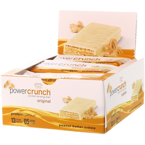 BNRG‏, חטיף אנרגיית חלבון Power Crunch, מקורי, קרם חמאת בוטנים, 12 חטיפים, 40 גרם כל אחד.
