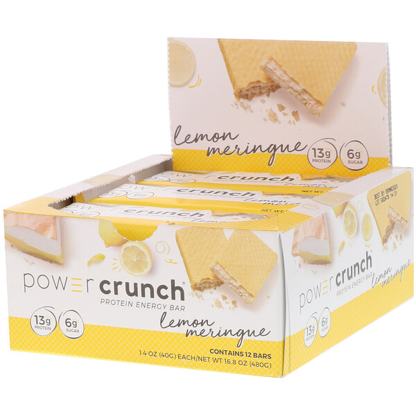 BNRG‏, חטיף אנרגיה עם חלבון של Power Crunch, מקורי, מרנג לימון, 12 יחידות, 40 גרם ליחידה