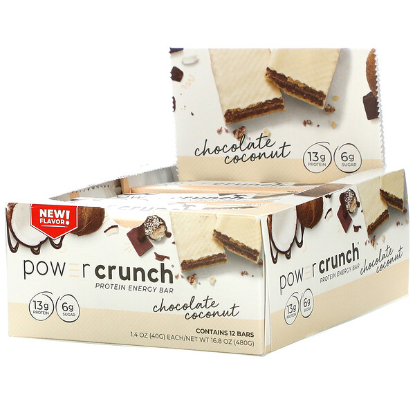 BNRG‏, Power Crunch, חטיף אנרגיה המכיל חלבון, שוקולד קוקוס, 12 חטיפים, 40 גרם (1.4 אונקיות) ליחידה