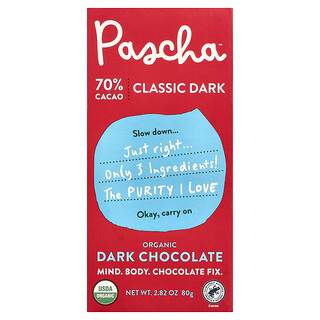 Pascha, Tableta de chocolate negro orgánico, Chocolate negro clásico, 70 % cacao, 80 g (2,82 oz)