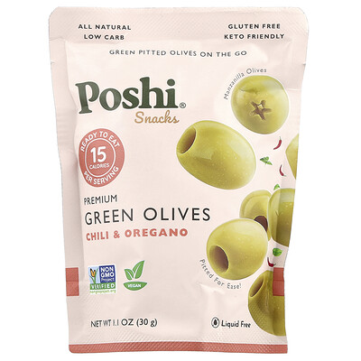 Poshi  Snacks  Premium Green Olives  Chili & Oregano  1.1 oz (30 g)
