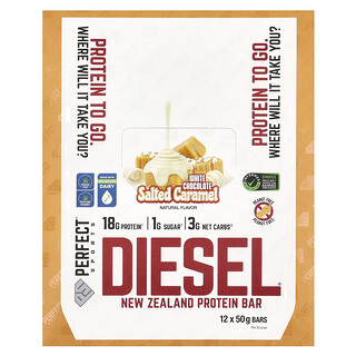 PERFECT Sports, Diesel, Μπάρα Πρωτεΐνης Νέας Ζηλανδίας, Λευκή Σοκολάτα με Αλατισμένη Καραμέλα, 12 Μπάρες, 50 γρ. η καθεμία