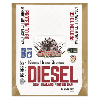 PERFECT Sports, Diesel, Barrita proteica de Nueva Zelanda, Triple chocolate intenso, 12 barritas, 50 g cada una