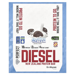 PERFECT Sports, Diesel, Barrita proteica de Nueva Zelanda, Galletas y crema, 12 barritas, 50 g cada una