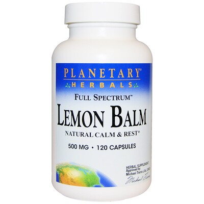 Planetary Herbals Лимонный бальзам, полный спектр, 500 мг, 120 капсул