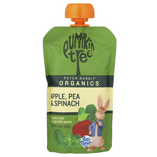 Pumpkin Tree Organics, Peter Rabbit Organics, Puré de frutas y vegetales orgánicos, Manzana, guisante y espinaca, 125 g (4,4 oz)