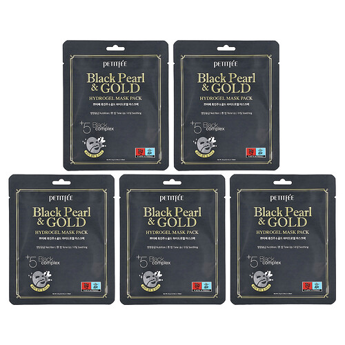Petitfee, Black Pearl & Gold Hydrogel Beauty Mask Pack, Beauty-Hydrogel-Masken, 5 Tuchmasken, je 32 g (1,12 oz.).