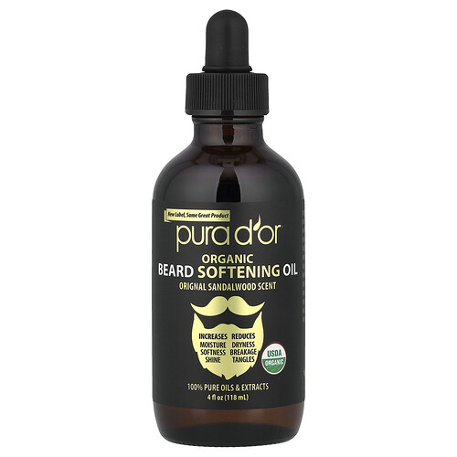Pura D'or Organic Beard Softening Oil, Original Sandalwood, 4 fl oz (118 ml)
