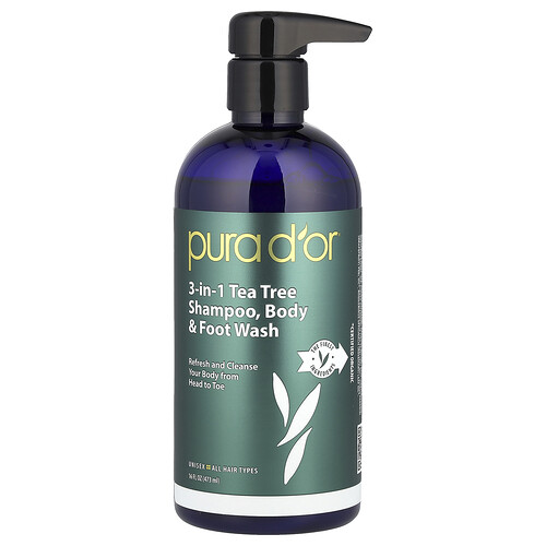 Pura D'or 3-in-1 Tea Tree Shampoo, Body & Foot Wash, All Hair Types , 16 fl oz (473 ml)