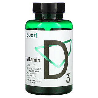 Puori, Витамин D3, 62,5 мкг (2500 МЕ), 120 мягких таблеток
