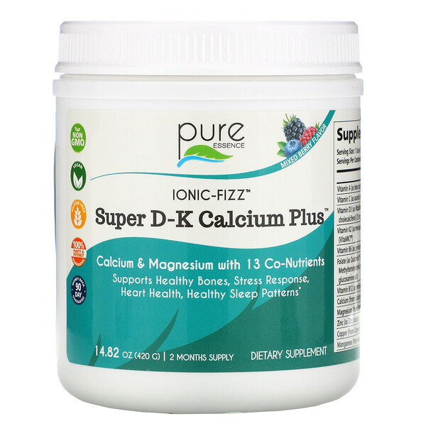 Pure Essence‏, תוסף תזונה Ionic-Fizz, Super D-K Calcium Plus, בטעם תערובת פירות יער, 420 גרם (14.82 אונקיות)