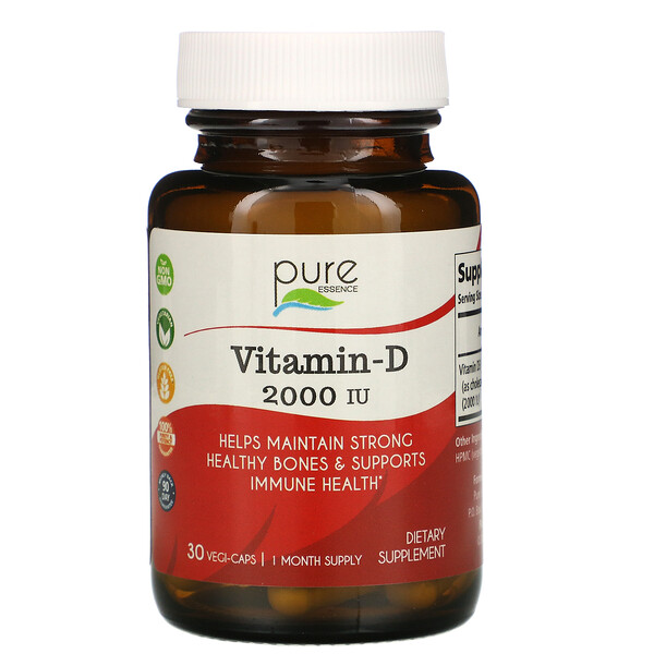 Pure Essence, витамин D, 2000 МЕ, 30 вегитарианских капсул