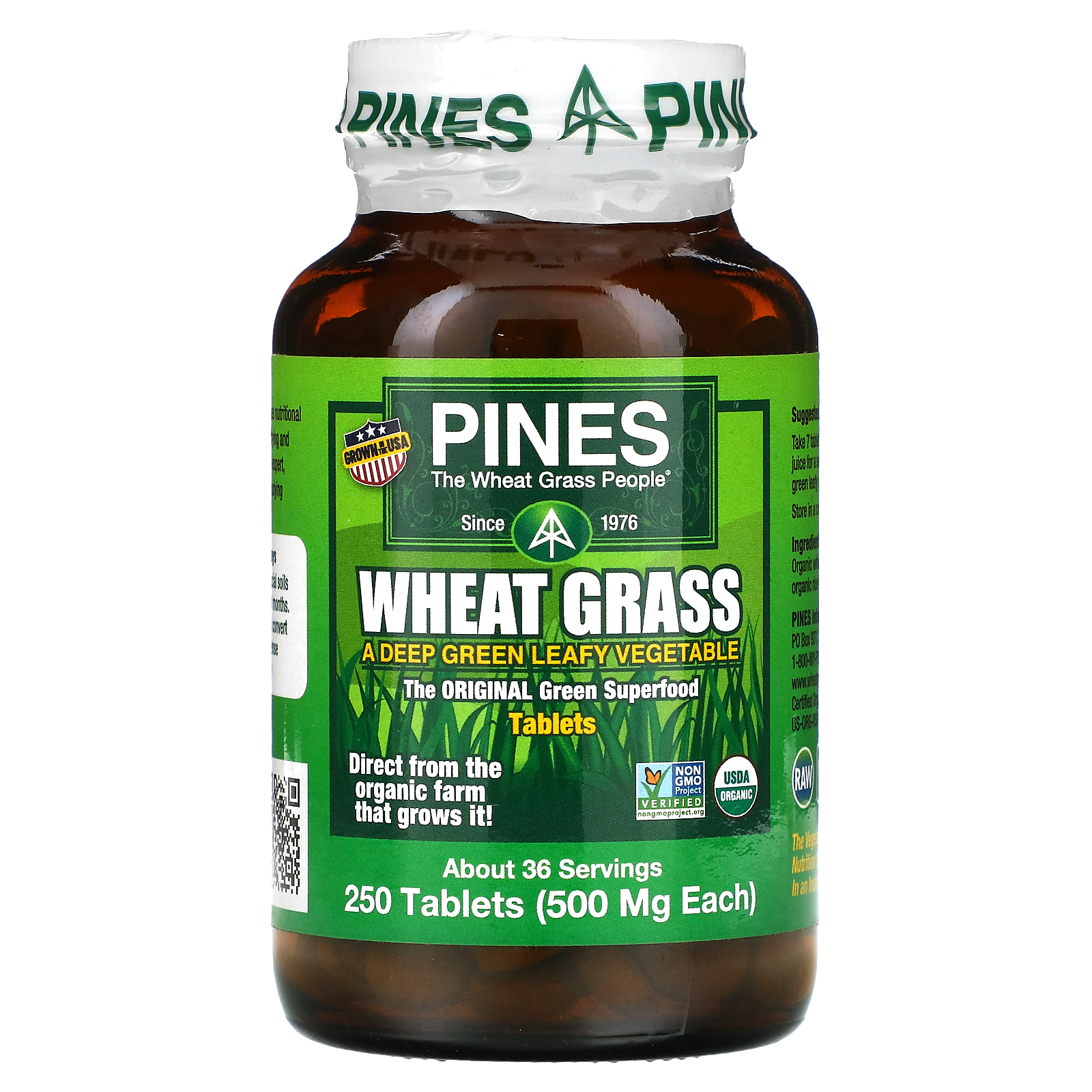 Pines International Wheat Grass 500 мг 250 таблеток без глютена, кошерный, без ГМО