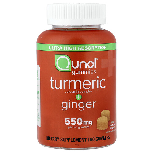Qunol Turmeric Curcumin Complex + Ginger, Rich Tangerine, 60 Gummies