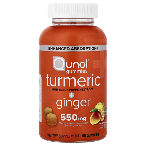 Qunol Turmeric + Ginger Gummies With Black Pepper Extract, Pineapple Mango, 90 Gummies