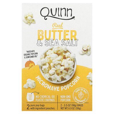 Quinn Popcorn Попкорн в микроволновой печи, натуральное масло и морская соль, 2 пакетика по 98 г (3,5 унции)