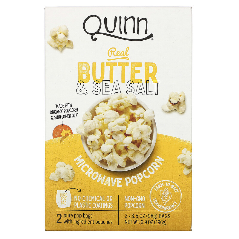 Quinn Popcorn, Microwave Popcorn, Real Butter & Sea Salt, 2 Bags, 3.5
