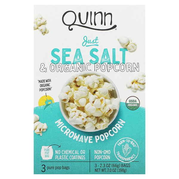 Quinn Popcorn, Microwave Popcorn, Just Sea Salt, 3 Bags, 2.3 oz (66 g) Each