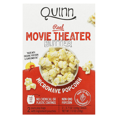 Quinn Popcorn Real Movie Theater, попкорн для приготовления в микроволновой печи, с маслом, 2 пакета, 104 г (3,7 унции) каждый