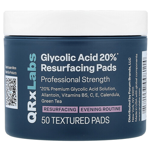 Qrxlabs Glycolic Acid 20% Resurfacing Pads, 50 Textured Pads
