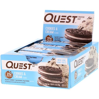 Quest Nutrition Протеиновый батончик, печенье и сливки, 12 батончиков, 2,12 унции (60 г) каждый