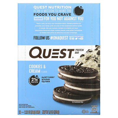 Quest Nutrition протеиновый батончик, со вкусом печенья и сливок, 12батончиков, 60г (2,12унции) каждый