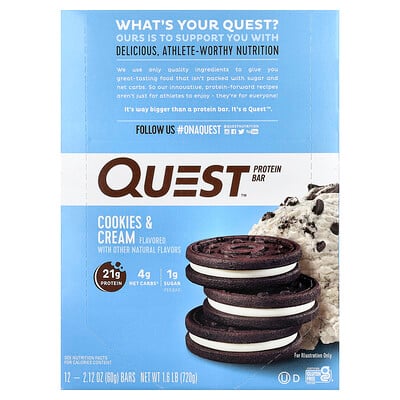 Product Image for Quest Nutrition, Protein Bar, Cookies & Cream, 12 Bars, 2.12 oz (60 g) Each