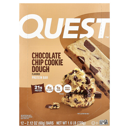 Quest Nutrition Protein Bar, Chocolate Chip Cookie Dough, 12 Bars, 2.12 oz (60 g) Each