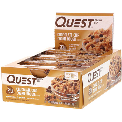 Quest Nutrition Протеиновый батончик, шоколадная крошка, песочное тесто, 12 штук, 2,12 унц. (60 г) каждый