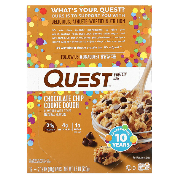 Quest Nutrition, Protein Bar, Chocolate Chip Cookie Dough, 12 Bars, 2.