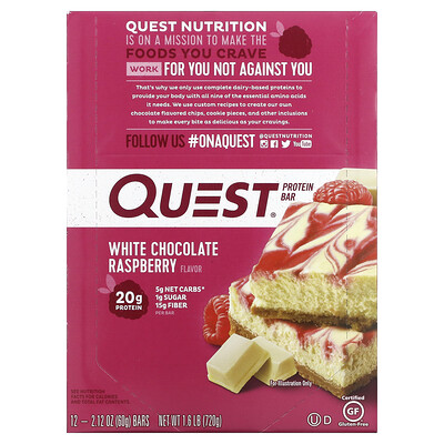 Quest Nutrition Белковый батончик Quest, белый шоколад с малиной, 12 батончиков, 2,12 унц. (60 г) каждый