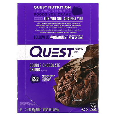 Quest Nutrition Протеиновый батончик, двойные кусочки шоколада, 12 батончиков, 60 г (2,12 унции)