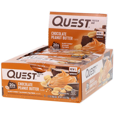 Купить Quest Nutrition протеиновый батончик, с шоколадно-арахисовым маслом, 12 батончиков, весом 60 г (2, 12 унции) каждый