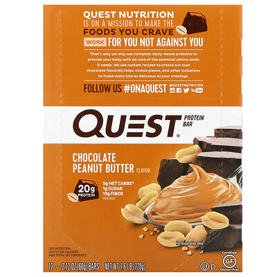 Купить Quest Nutrition протеиновый батончик, с шоколадно-арахисовым маслом, 12 батончиков, весом 60 г (2, 12 унции) каждый