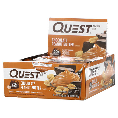 Quest Nutrition протеиновый батончик, с шоколадно-арахисовым маслом, 12 батончиков, весом 60 г (2,12 унции) каждый