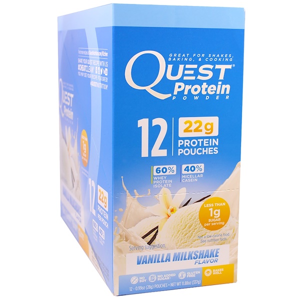 Quest Nutrition, Protein Powder, Vanilla Milkshake, 12 Pouches, 0.99 oz
