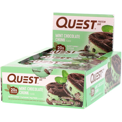 Купить Quest Nutrition Белковый батончик, вкус кусочков мятного шоколада, 12 батончиков, 2, 12 унции (60 г) каждый