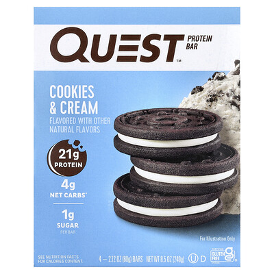 Product Image for Quest Nutrition, Protein Bar, Cookies & Cream, 4 Bars, 2.12 oz (60 g) Each