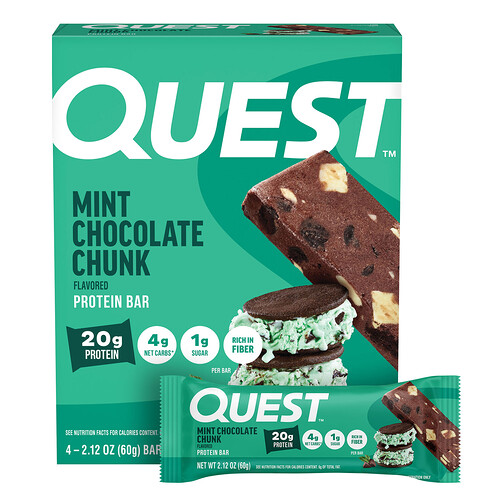 Quest Nutrition, Protein Bar, Mint Chocolate Chunk, 4 Bars, 2.12 oz (60 g) Each