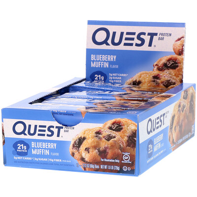 Купить Quest Nutrition протеиновый батончик, со вкусом маффина с голубикой, 12 батончиков, весом 60 г (2, 12 унции) каждый