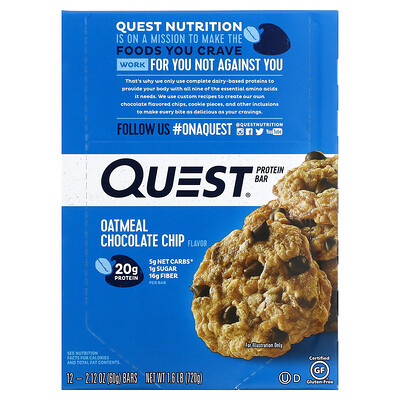 Quest Nutrition протеиновый батончик, со вкусом овсяно-шоколадного печенья, 12 батончиков, весом 60 г (2,12 унции) каждый