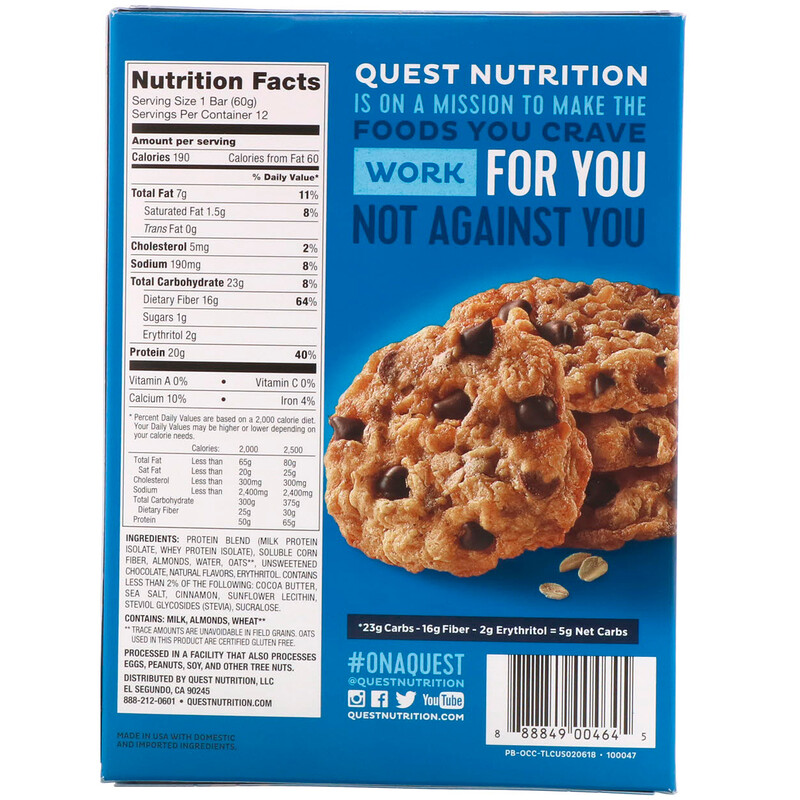 Quest Nutrition, Protein Bar, Oatmeal Chocolate Chip, 12 Bars, 2.12 Oz ...