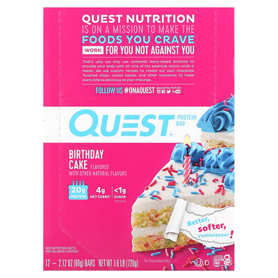 

Quest Nutrition протеиновый батончик, со вкусом праздничного торта, 12 батончиков, 60 г (2,12 унции) каждый