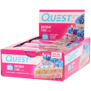 Quest Nutrition, Barra proteica Quest, sabor a pastel de cumpleaños, paquete de 12 unidades, 2,12 oz (60 g) cada una