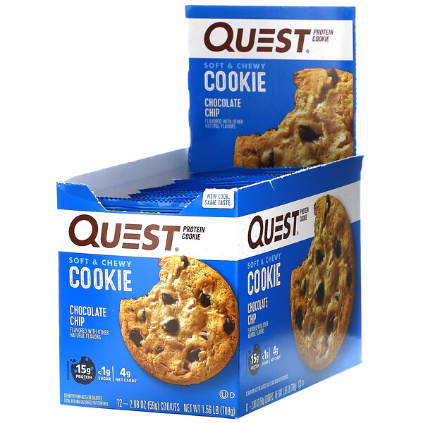 Quest Nutrition‏, עוגיית חלבון, שוקולד צ‘יפס, 12 עוגיות, 59 גרם (2.08 אונקיות) כל אחת