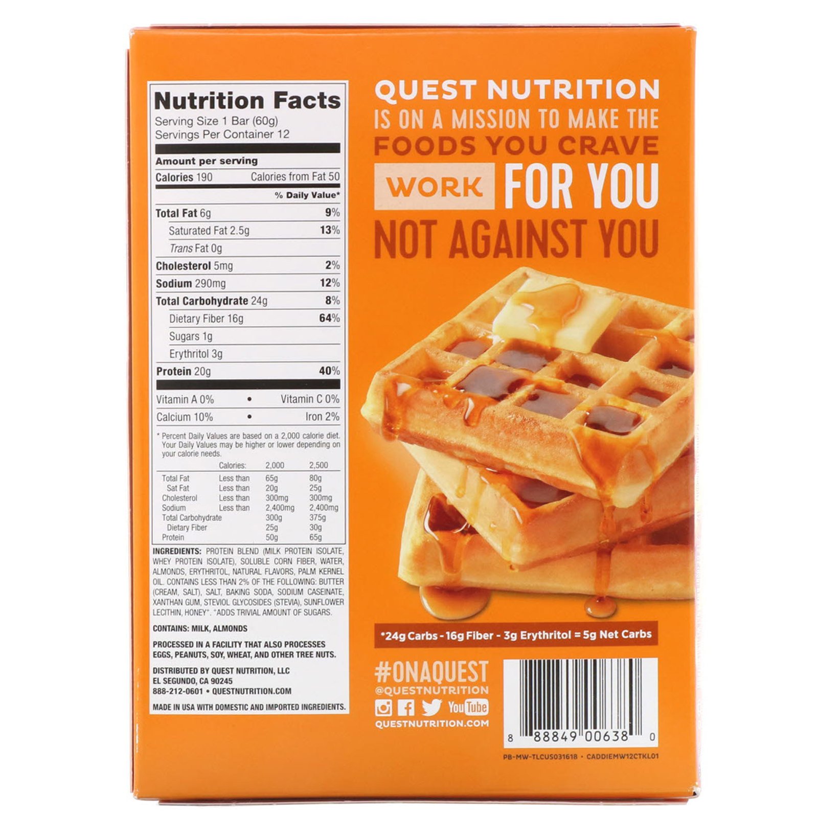 Quest Nutrition, Protein Bar, Maple Waffle, 12 Bars, 2.12 oz (60 g) Each