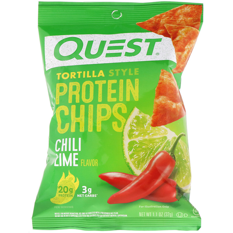 Quest Nutrition, Tortilla Style Protein Chips, Chili Lime, 8 Bags, 1.1