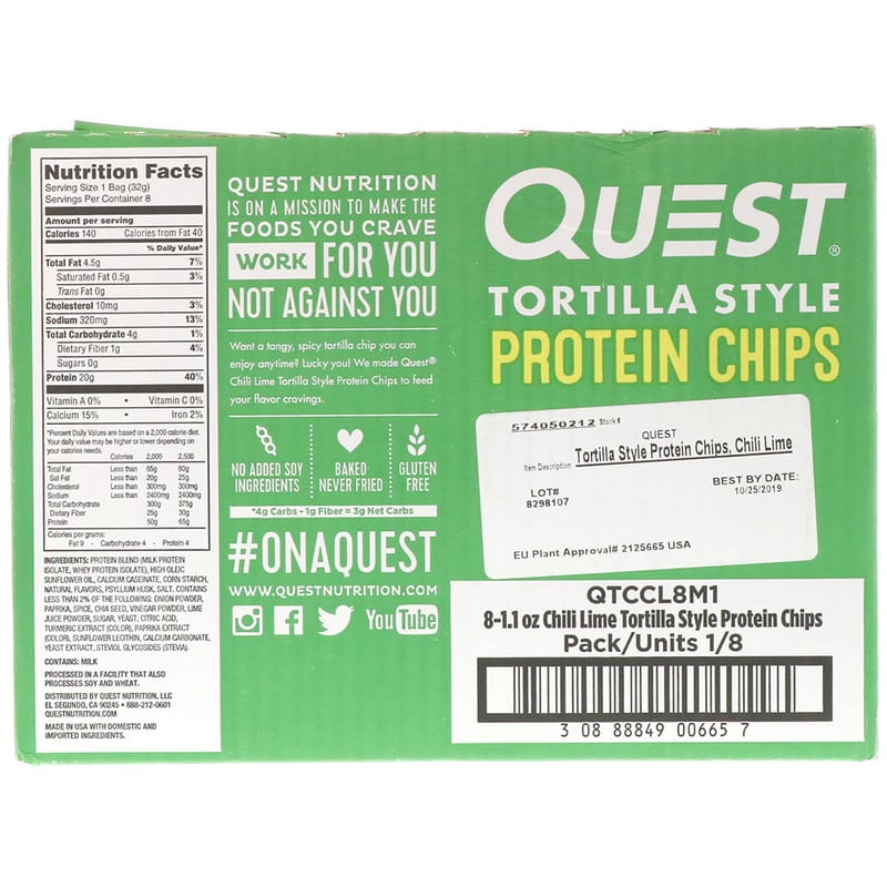 Quest Nutrition, Tortilla Style Protein Chips, Chili Lime, 8 Bags, 1.1 ...