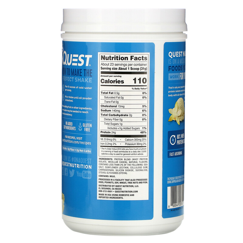 Quest Nutrition, Protein Powder, Vanilla Milkshake, 1.6 lb (726 g) - iHerb